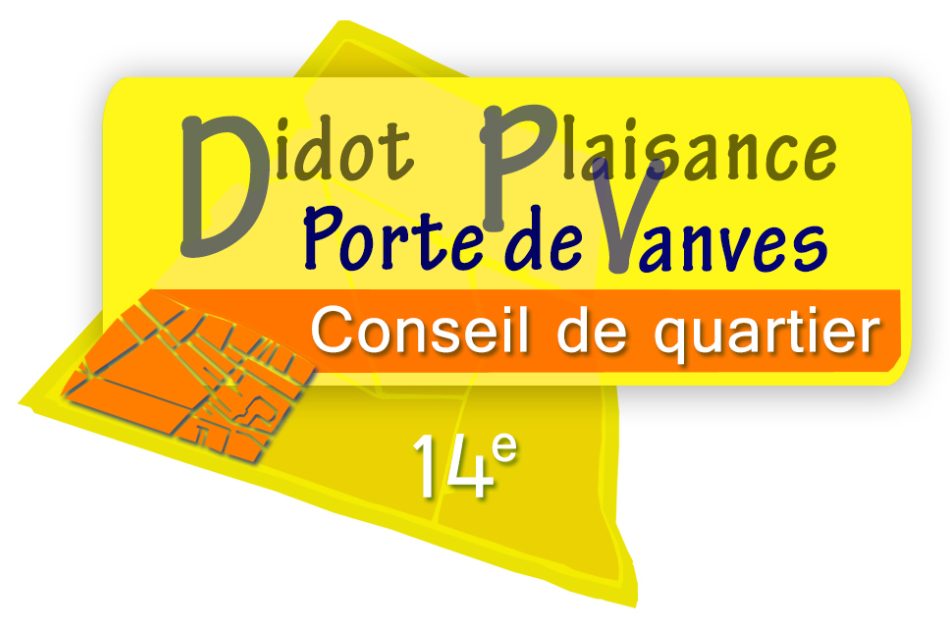 Logo du conseil de quartier Didot Plaisance Porte de Vanves Paris 14ème. Orange et jaune avec le quartier qui ressort de la carte du 14ème